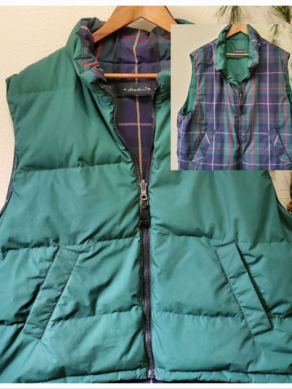Eddie Bauer Reversible Goose Down Puffer Vest Green Plaid XL Vintage 90's